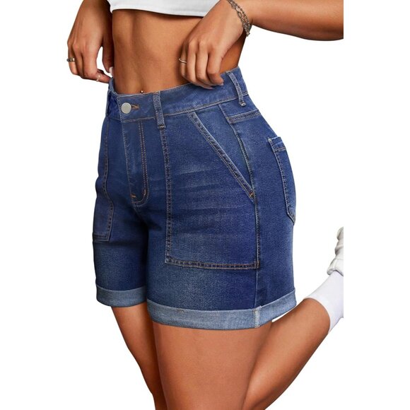 Blue High Waisted Stretchy Casual Denim Shorts Ripped Frayed Hem Summer - Picture 1 of 6